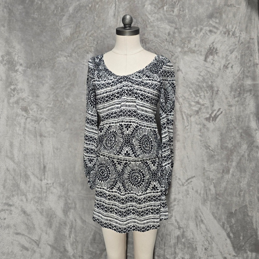 Tori Richard Dress Womens 2 Black White Silk Geometric Tribal Mini Elastic Waist
